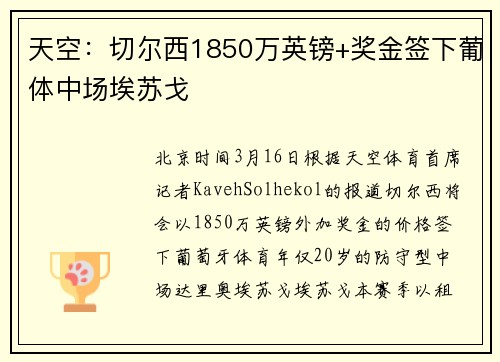 天空：切尔西1850万英镑+奖金签下葡体中场埃苏戈