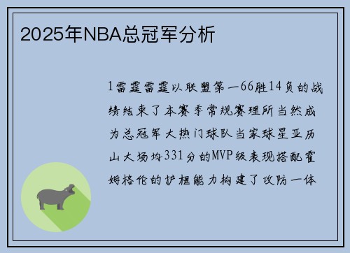 2025年NBA总冠军分析
